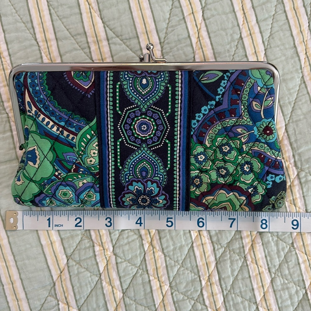 Vera Bradley 2 compartment wallet. Navy blue and green floral pattern